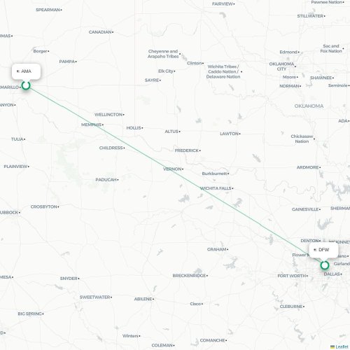 Mapa de vuelo directo Amarillo - Dallas