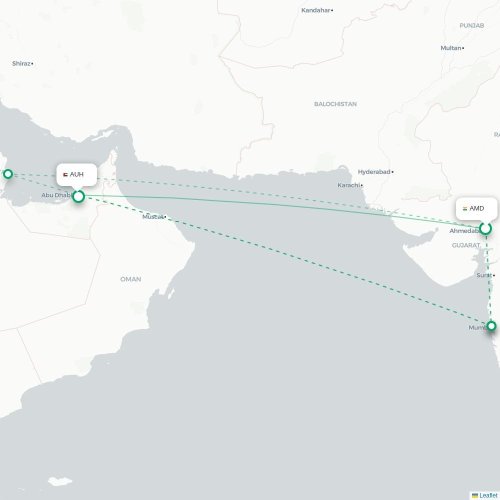 Mapa lotu bezpośredniego Ahmadabad – Abu Zabi