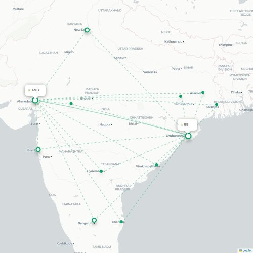Mapa de vuelo directo Ahmedabad - Bhubaneswar