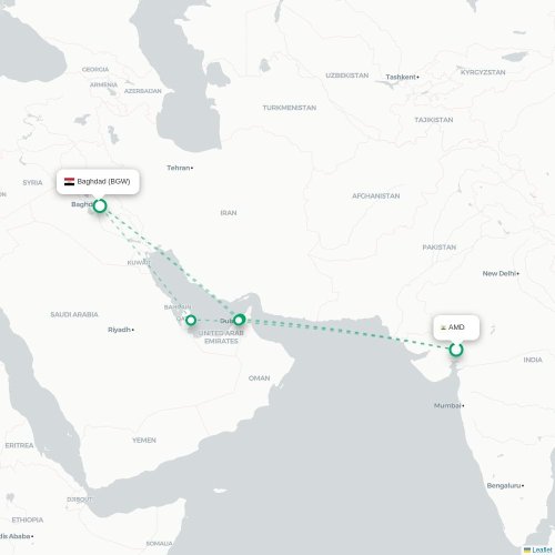 Mapa de vuelo directo Ahmedabad - Bagdad