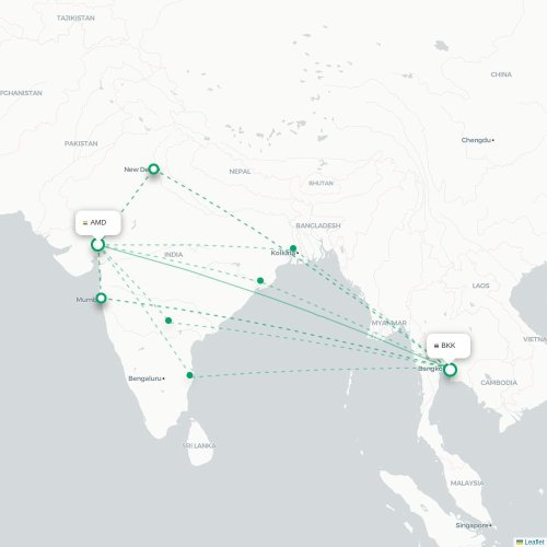 Ahmedabad – Bangkok suoran lennon kartta