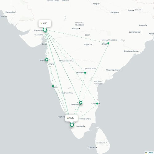 Ahmedabad – Kochi suoran lennon kartta