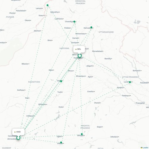 Ahmedabad – New Delhi suoran lennon kartta