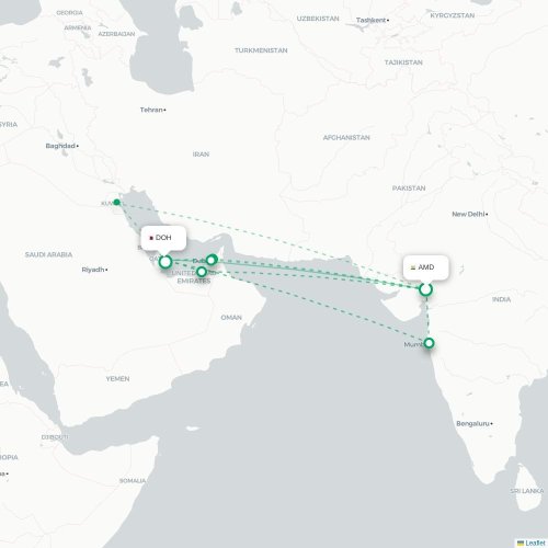 Mapa lotu bezpośredniego Ahmadabad – Ad-Dauha
