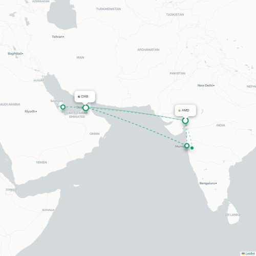 Mapa lotu bezpośredniego Ahmadabad – Dubaj