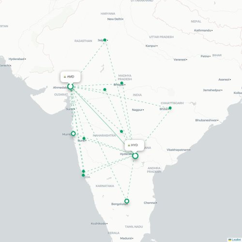 Ahmedabad – Hyderabad suoran lennon kartta