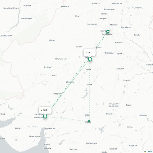 Ahmedabad – Jaipur suoran lennon kartta