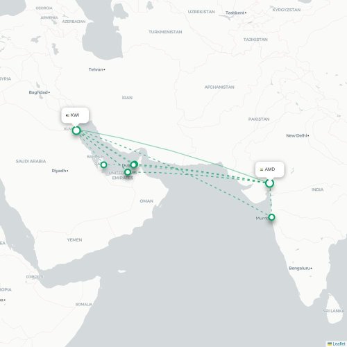 Mapa lotu bezpośredniego Ahmadabad – Kuwejt