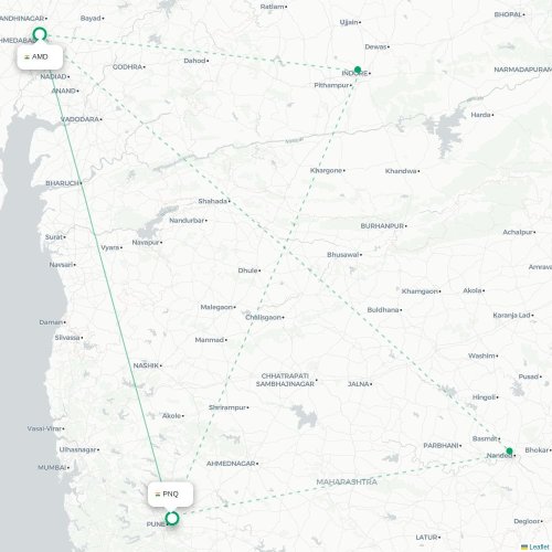 Ahmedabad – Pune suoran lennon kartta