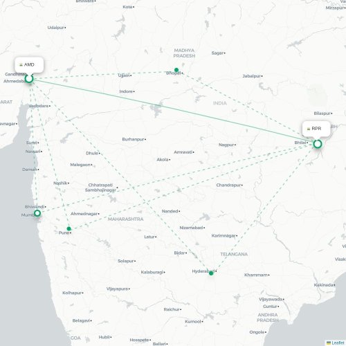 Mapa de vuelo directo Ahmedabad - Raipur