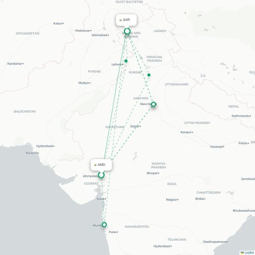 Mapa de vuelo directo Ahmedabad - Srinagar