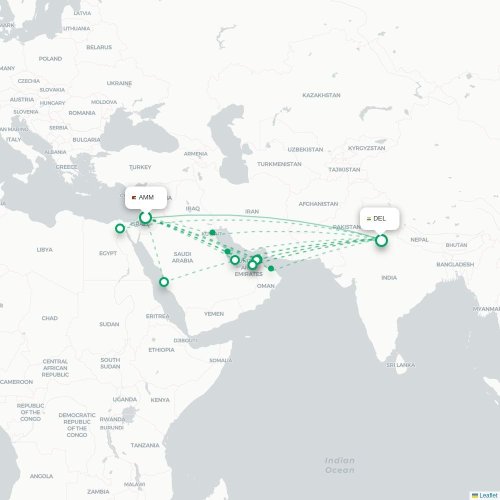 Amman - Delhi karta över direktflyg