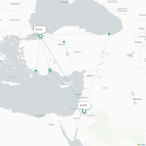Amman - Istanbul karta över direktflyg