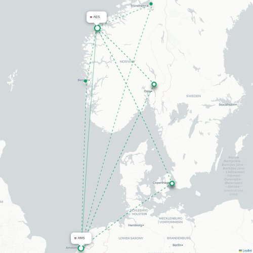 Mapa de vuelo directo Ámsterdam - Ålesund
