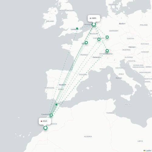 Mapa de vuelo directo Ámsterdam - Agadir