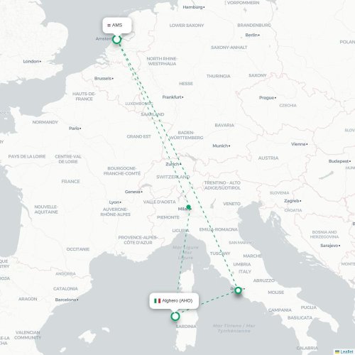 Mapa lotu bezpośredniego Amsterdam – Alghero
