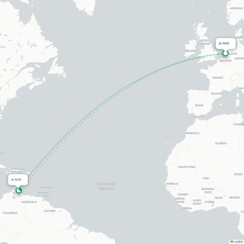 Mapa lotu bezpośredniego Amsterdam – Oranjestad