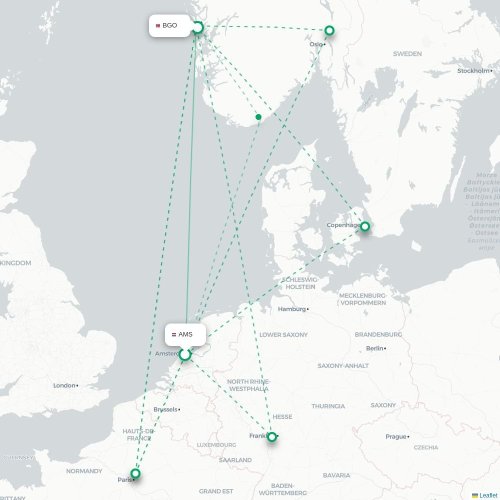 Mapa de vuelo directo Ámsterdam - Bergen