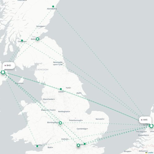 Mapa de vuelo directo Ámsterdam - Belfast