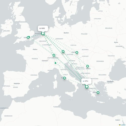 Amsterdam - Korfu, Corfu kort over direkte fly