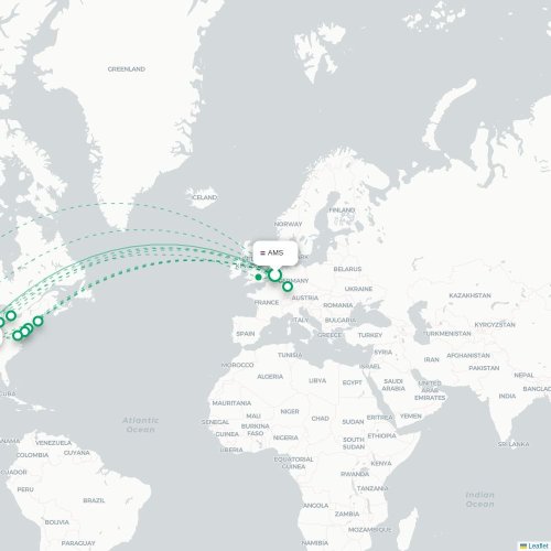 Mapa de vuelo directo Ámsterdam - Dallas