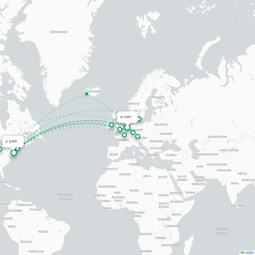 Mapa de vuelo directo Ámsterdam - Newark