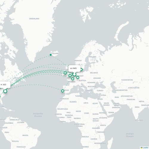 Mapa de vuelo directo Ámsterdam - Washington D. C.