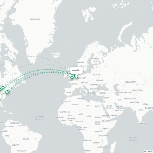 Mapa de vuelo directo Ámsterdam - Houston