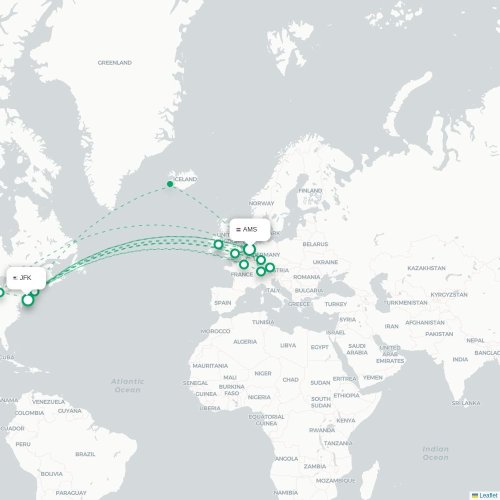 Mapa de vuelo directo Ámsterdam - Nueva York
