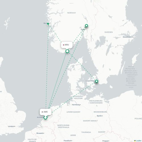 Mapa de vuelo directo Ámsterdam - Kristiansand
