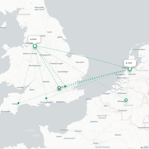 Mapa de vuelo directo Ámsterdam - Mánchester
