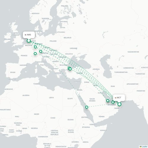 Mapa lotu bezpośredniego Amsterdam – Maskat
