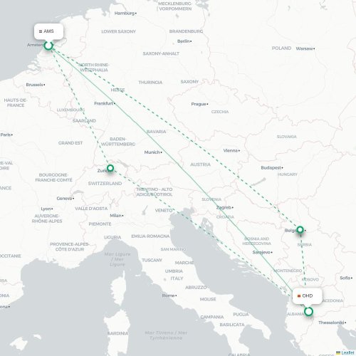 Amsterdam - Ohrid karta över direktflyg