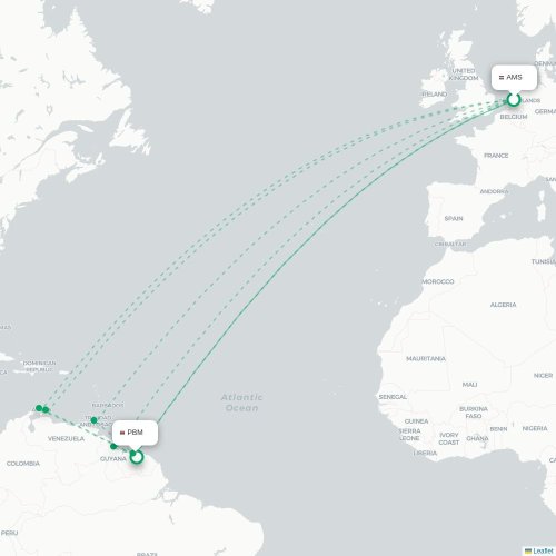 Mapa de vuelo directo Ámsterdam - Paramaribo