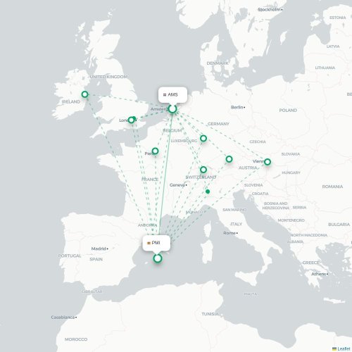 Amsterdam - Palma de Mallorca kaart van rechtstreekse vlucht