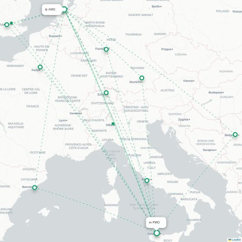 Mapa de vuelo directo Ámsterdam - Palermo