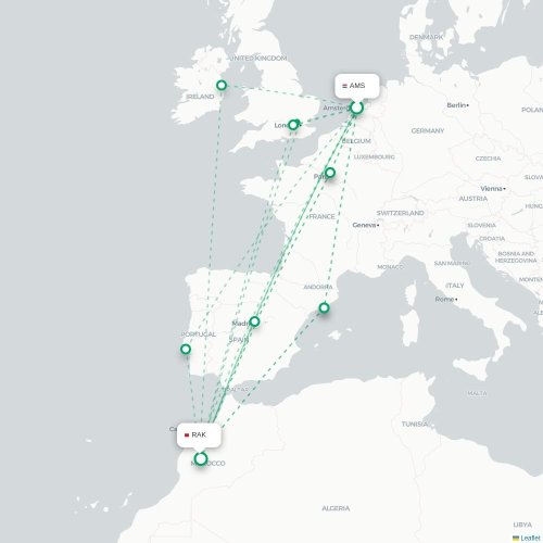Mapa de vuelo directo Ámsterdam - Marrakech