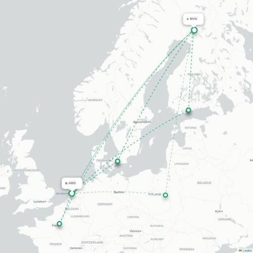 Mapa de vuelo directo Ámsterdam - Rovaniemi