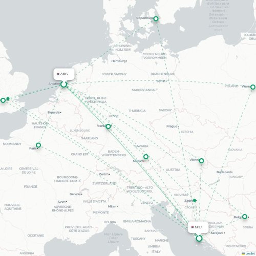 Mapa lotu bezpośredniego Amsterdam – Split