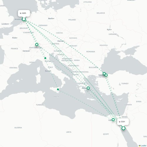 Mapa lotu bezpośredniego Amsterdam – Szarm el-Szejk