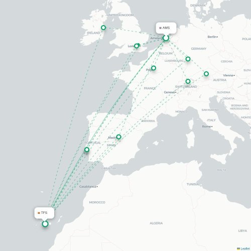 Mapa de vuelo directo Ámsterdam - Granadilla de Abona