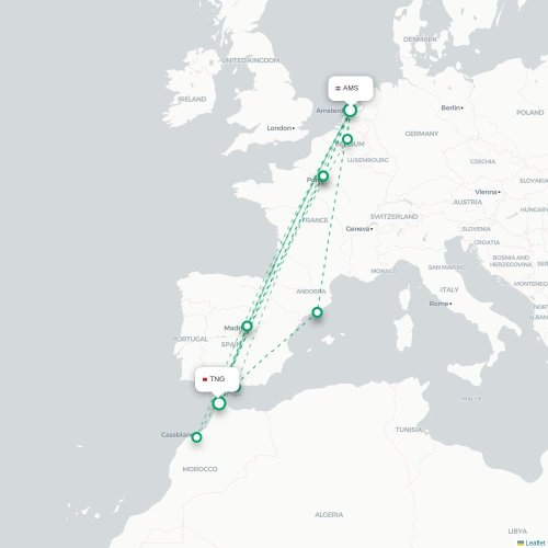 Mapa de vuelo directo Ámsterdam - Tánger