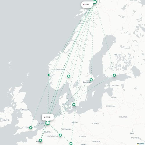 Mapa de vuelo directo Ámsterdam - Tromso