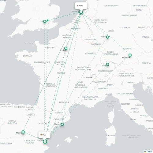 Amsterdam - Valencia kaart van rechtstreekse vlucht
