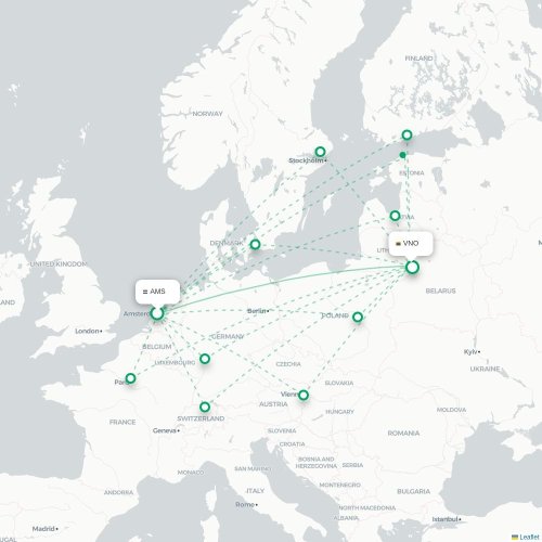 Mapa lotu bezpośredniego Amsterdam – Wilno