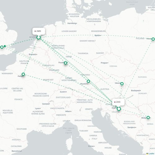 Mapa lotu bezpośredniego Amsterdam – Zagrzeb