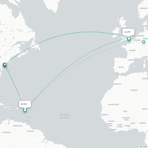 Mapa de vuelo directo Saint John's - Londres