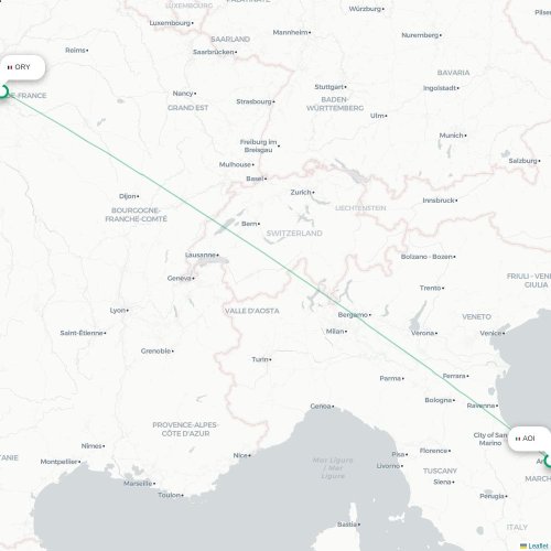 Mapa de vuelo directo Ancona - París