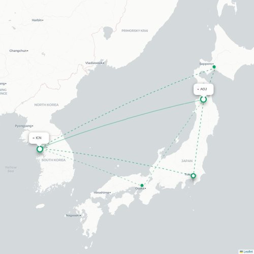Mapa lotu bezpośredniego Aomori – Inczhon