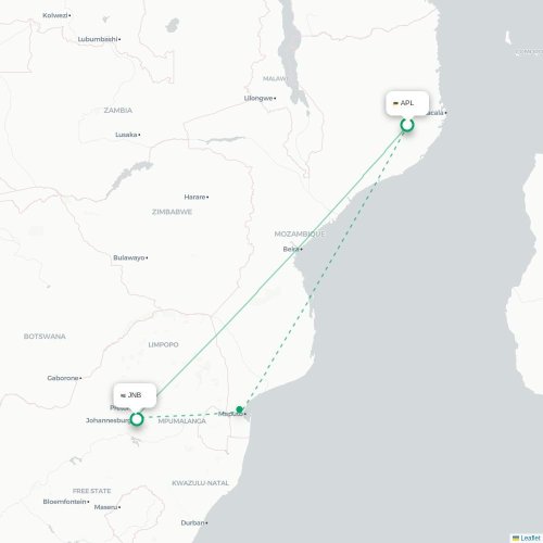 Nampula - Johannesburg karta över direktflyg
